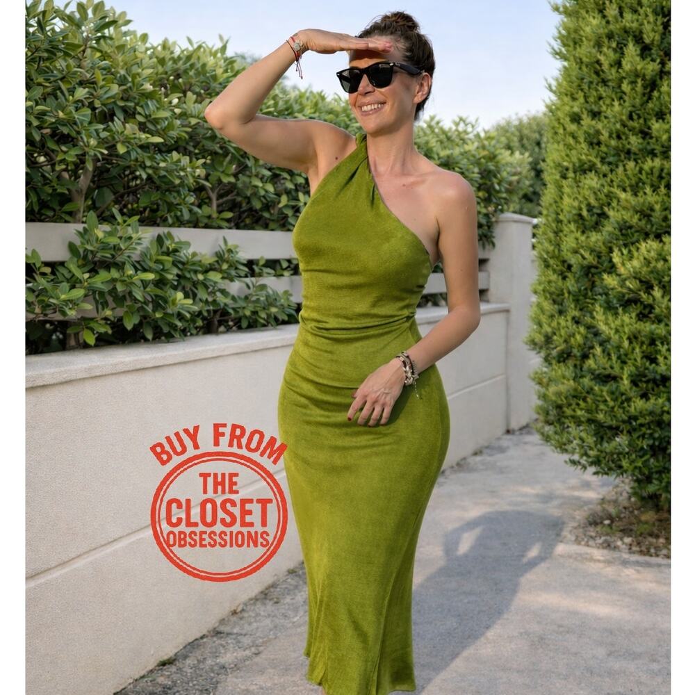 MANGO Green Asymmetrical Midi Dress NWT One Shoulder Wedding Guest Resort Dress - Picture 3 of 16